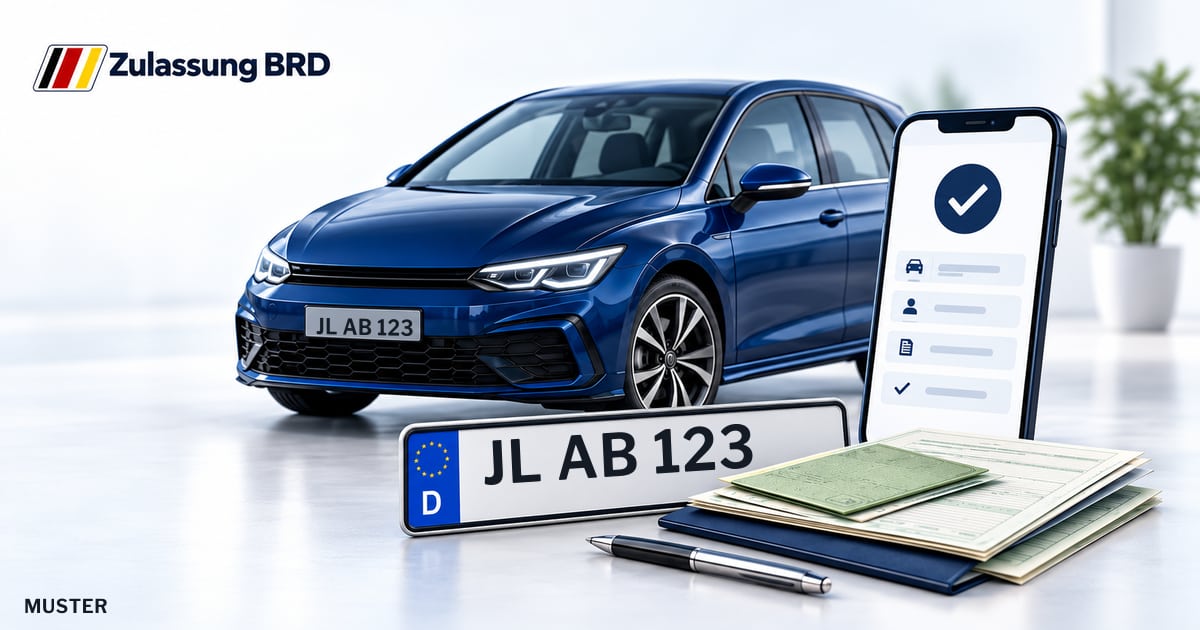 Online Fahrzeugzulassung in Möckern: Musterkennzeichen JL AB 123, Auto und Fahrzeugpapiere und Smartphone. Illustration mit Logo von Zulassung BRD.